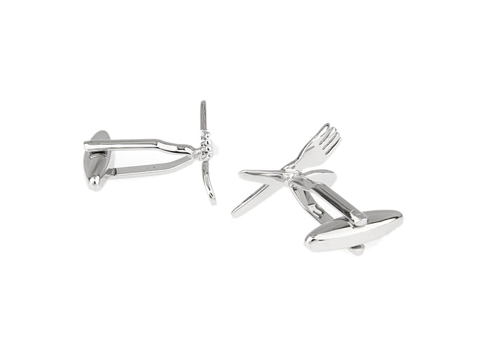 A pair of silver-toned metal cufflinks shaped like a knife and a fork crossed together, shown on a plain white background.