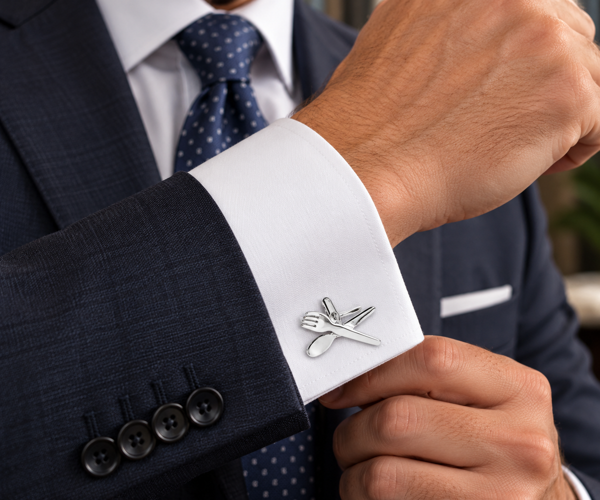 A silver-toned metal tie clip shaped like crossed cutlery, shown pinned to a white dress shirt cuff worn by a man in a navy suit and blue polka-dot tie.