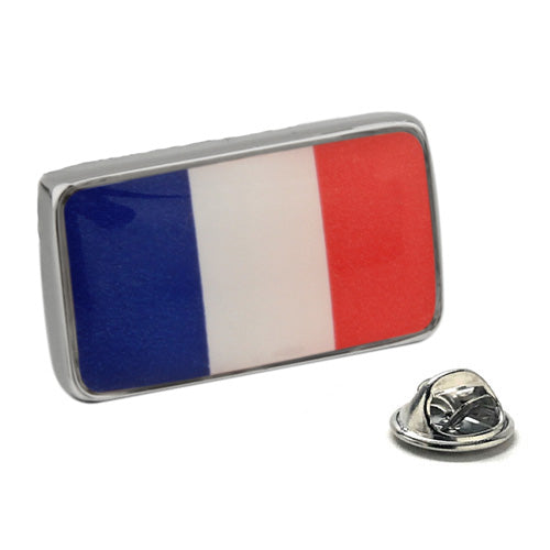 Rectangular French flag lapel pin with blue, white, and red enamel stripes and metal edge, perfect for showing French pride or gifting to travelers.