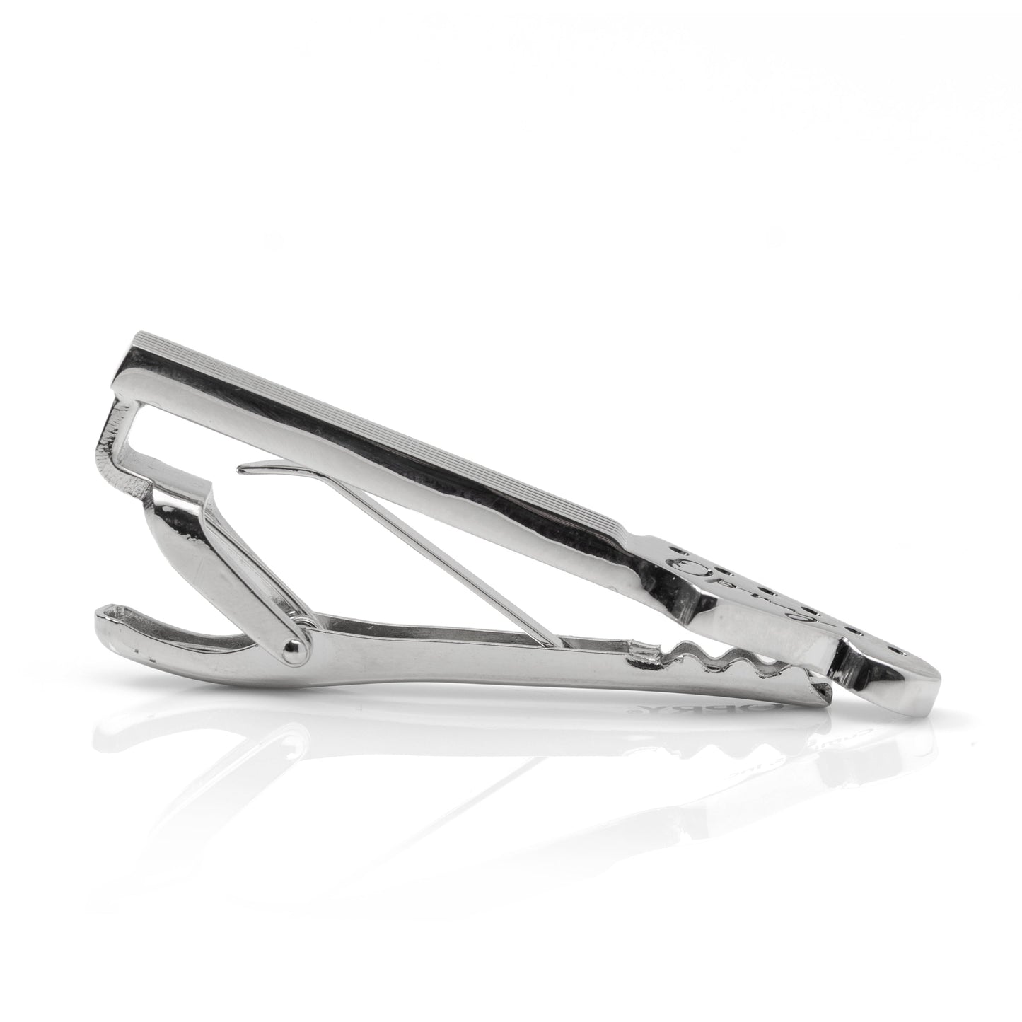 Silver tie clip on a white background