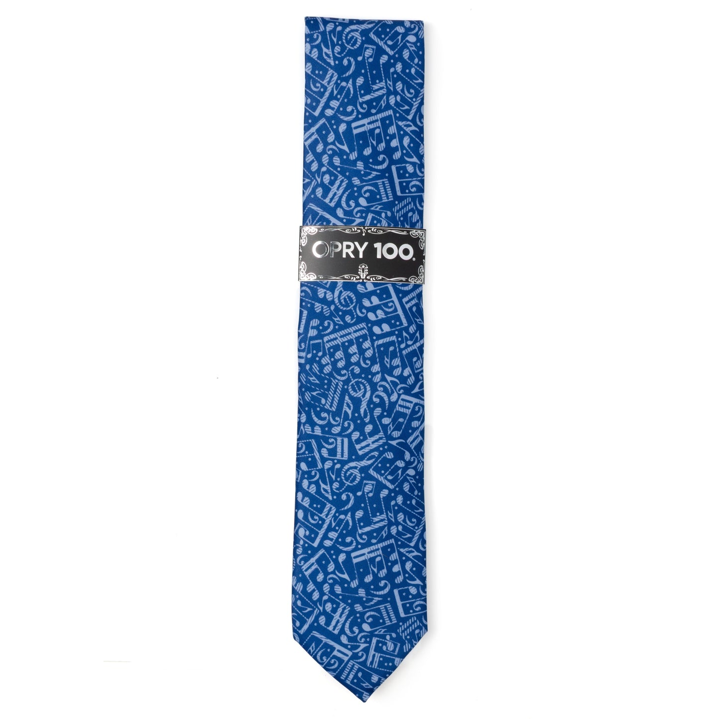 Blue patterned tie with a brand label on a white background