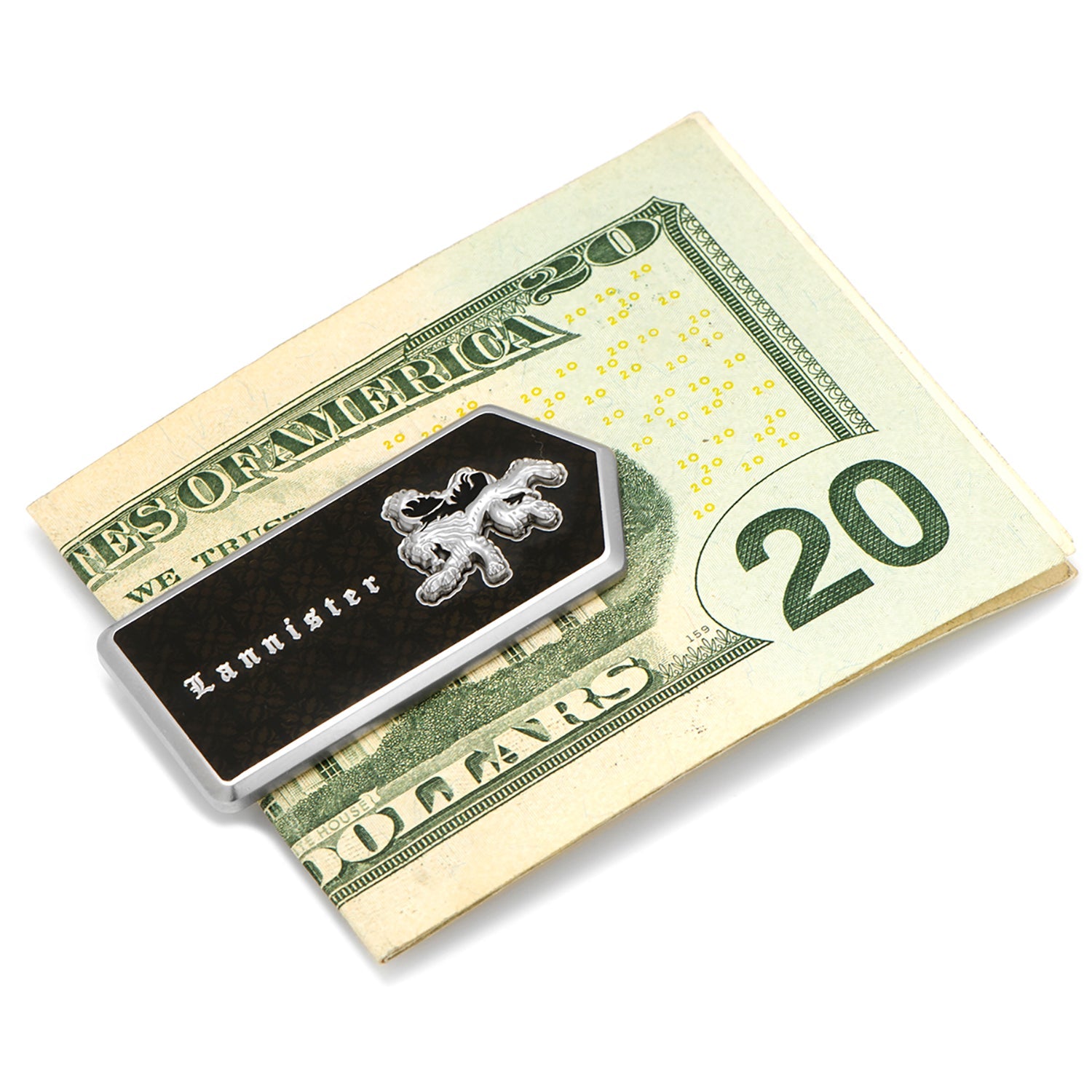 Money clip with 'Lannister' branding on a twenty-dollar bill