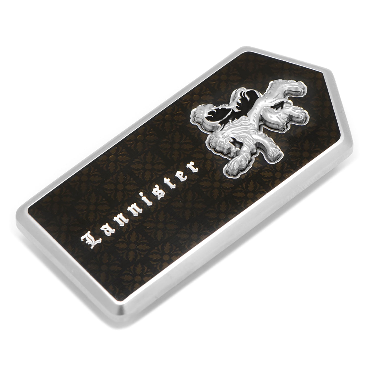 Rectangular metal badge with 'Lannister' text and lion emblem on a white background