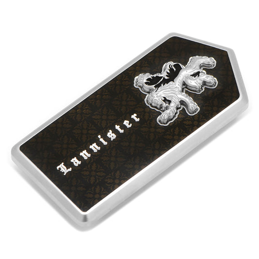 Rectangular metal badge with 'Lannister' text and lion emblem on a white background