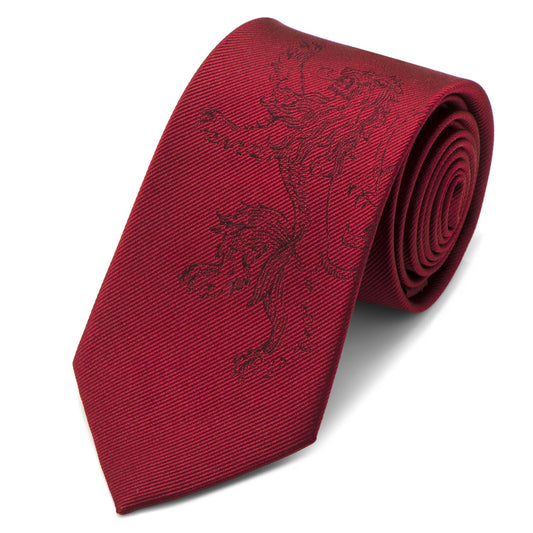 Red tie with black floral pattern on a white background