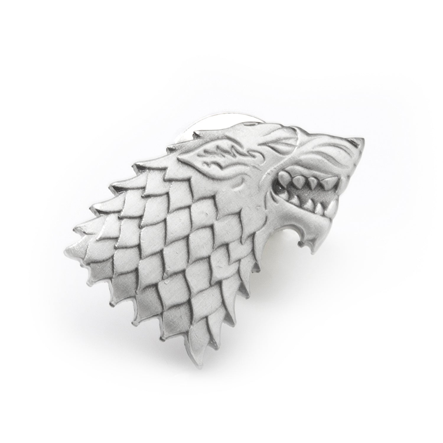 Metallic wolf head emblem with a white background
