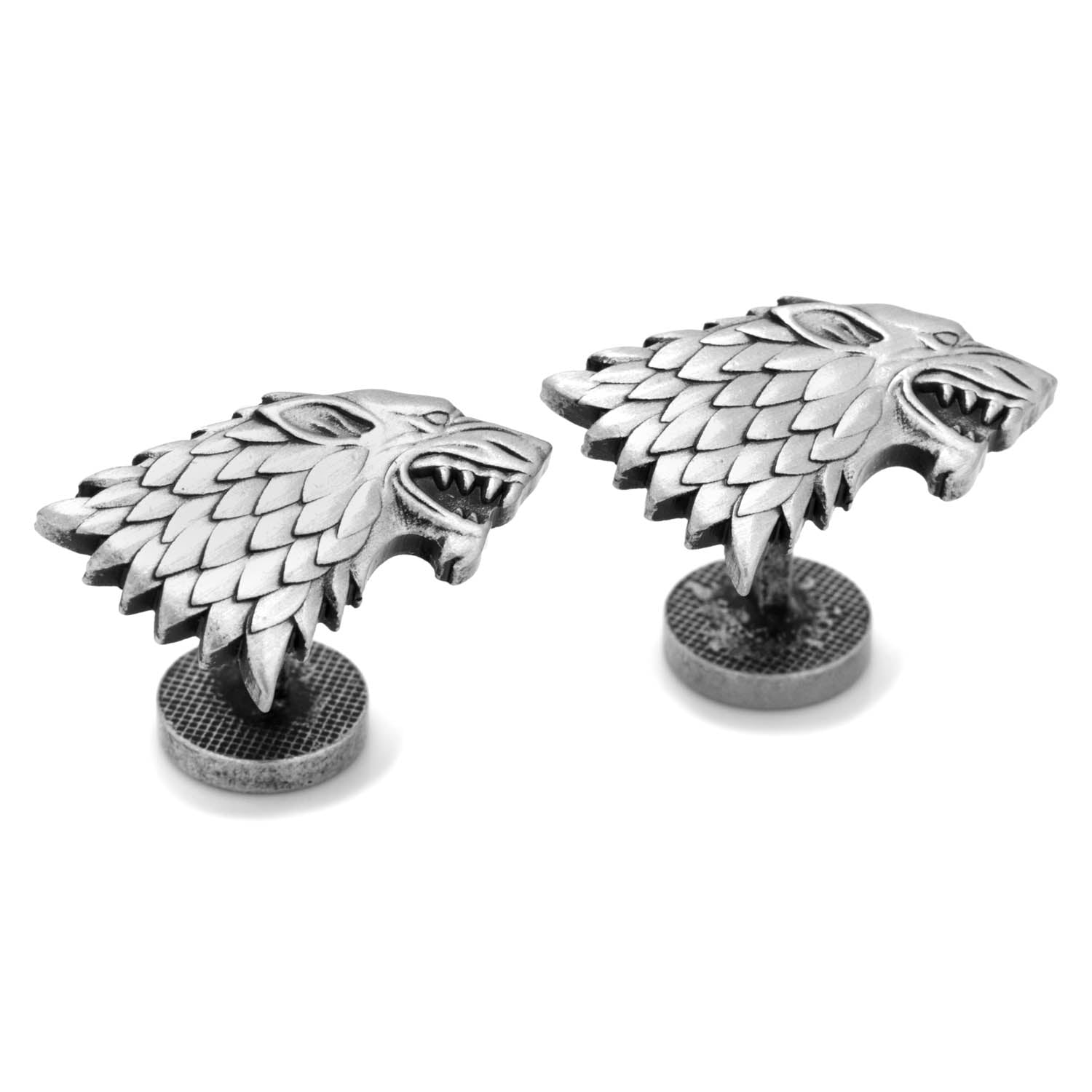 Pair of silver House Stark cufflinks on a white background