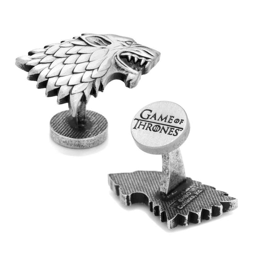 Silver House Stark emblem cufflinks with 'Game of Thrones' logo on a white background