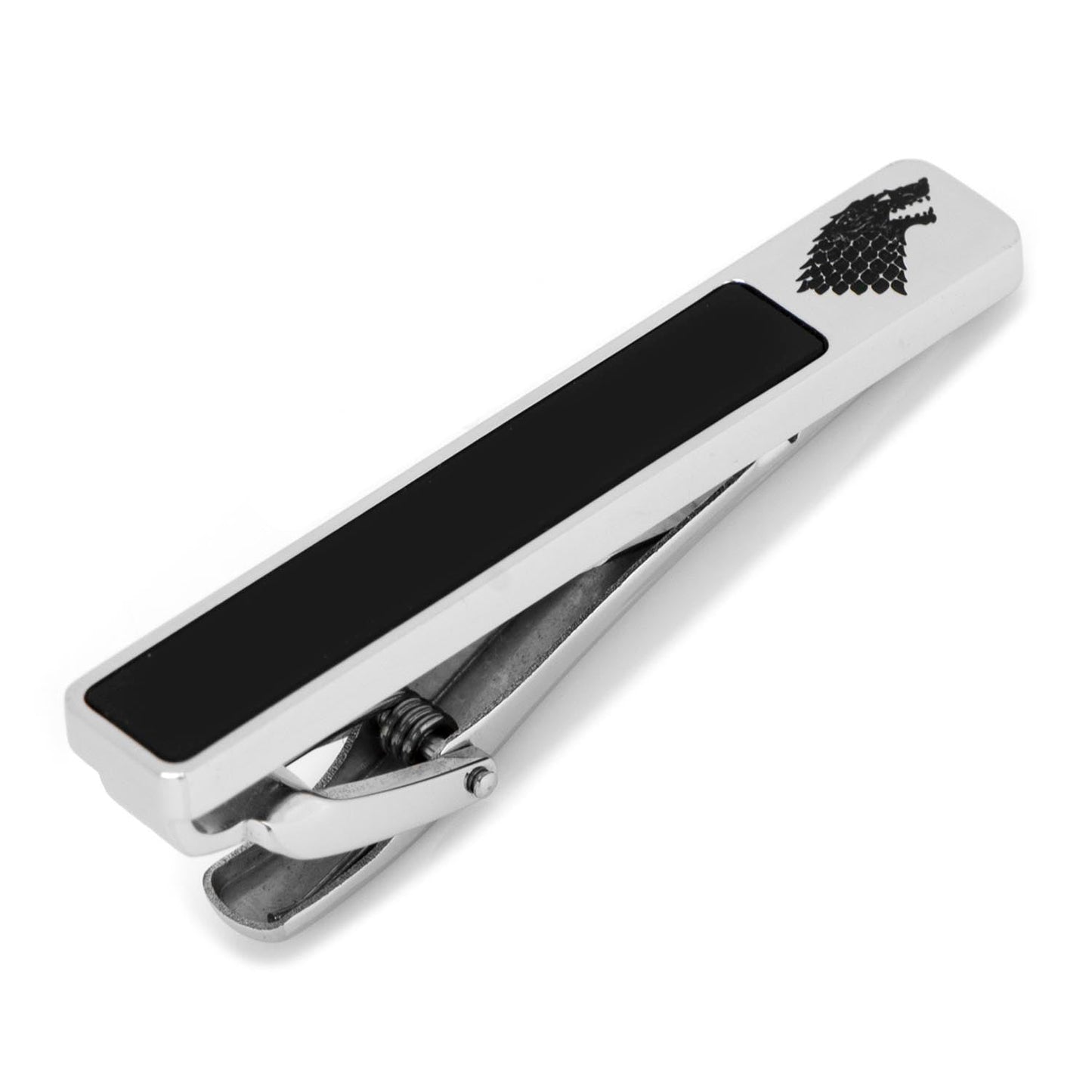 Silver tie clip with black center and logo on a white background