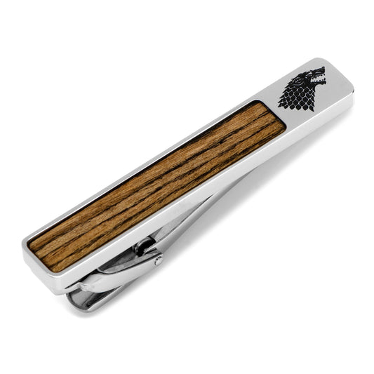 Tie clip with wooden design and House Stark logo on a white background