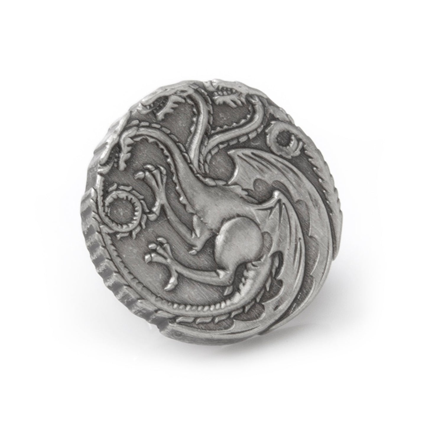 Metallic dragon emblem on a white background