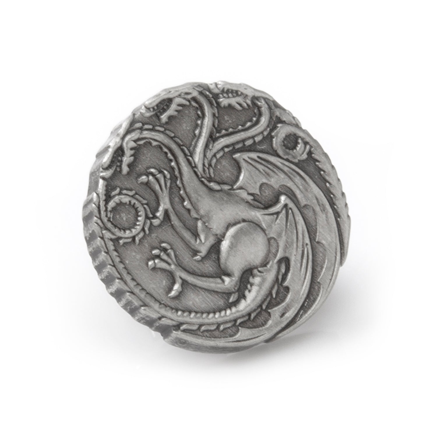 Metallic dragon emblem on a white background