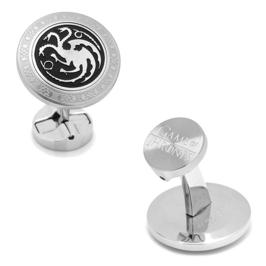 Cufflinks with a dragon emblem and 'Game of Thrones' branding on a white background