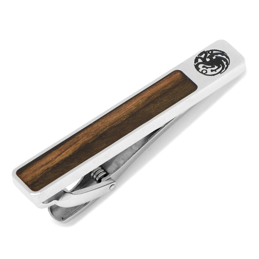 Tie clip with wooden inlay and logo on a white background