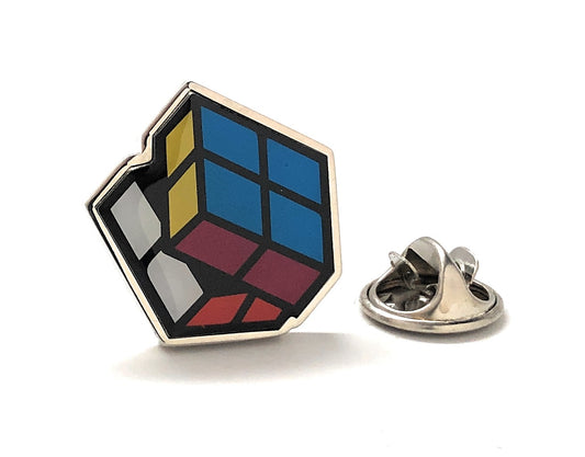 Colorful Rubik’s Cube style enamel lapel pin with gold trim and metal clutch backing