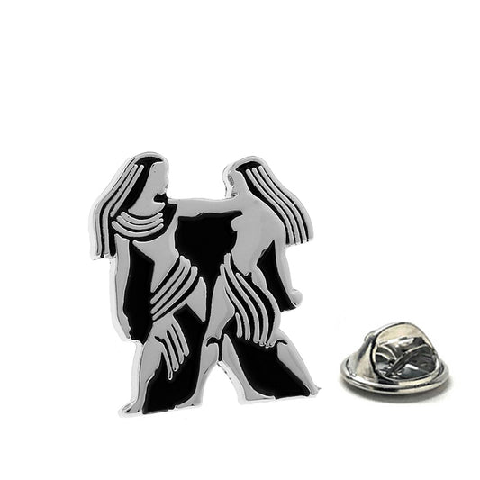 Silver and black enamel Gemini twins lapel pin with clutch backing – zodiac astrology accessory