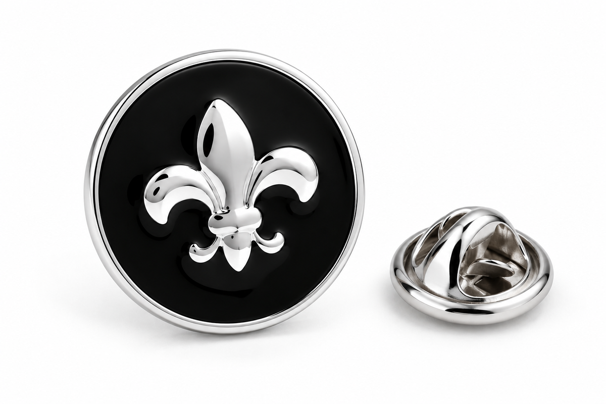 Black and silver Fleur de Lis lapel pin with metal clutch backing