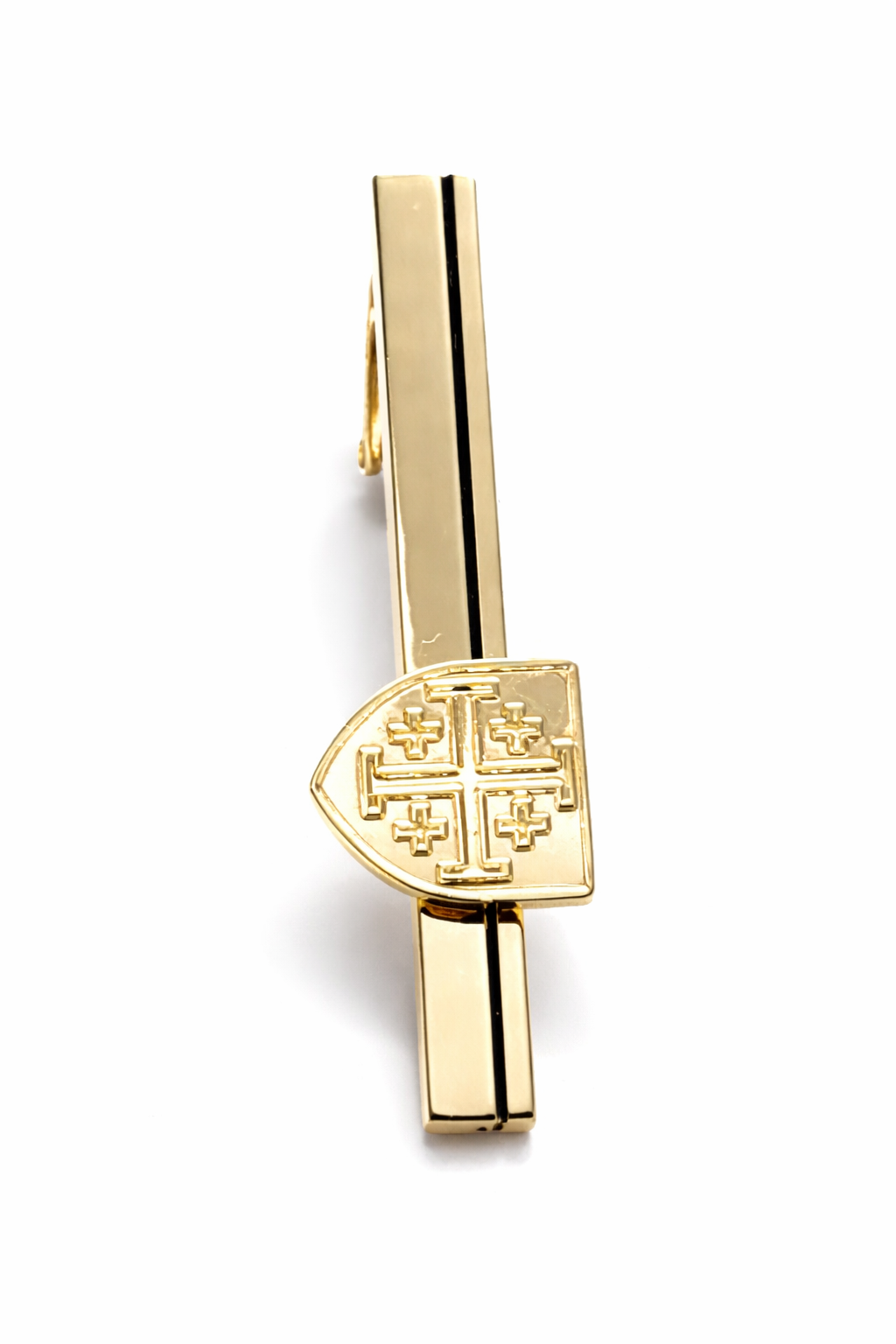 Gold tie clip with Jerusalem cross design on a white background