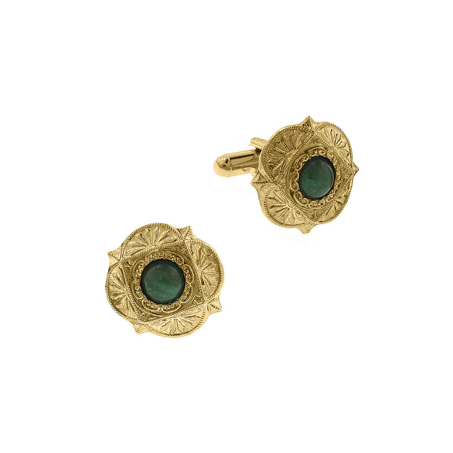 Men's Cufflinks Gold Green Stone Art Deco Style Semi Precious Cufflinks