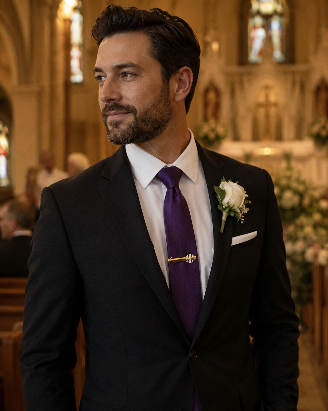 Man in a black suit with a purple tie and white flower boutonniere in a church setting Gold and Silver Jerusalem Cross Christian Tie Clip for Men Religious Faith Accessory