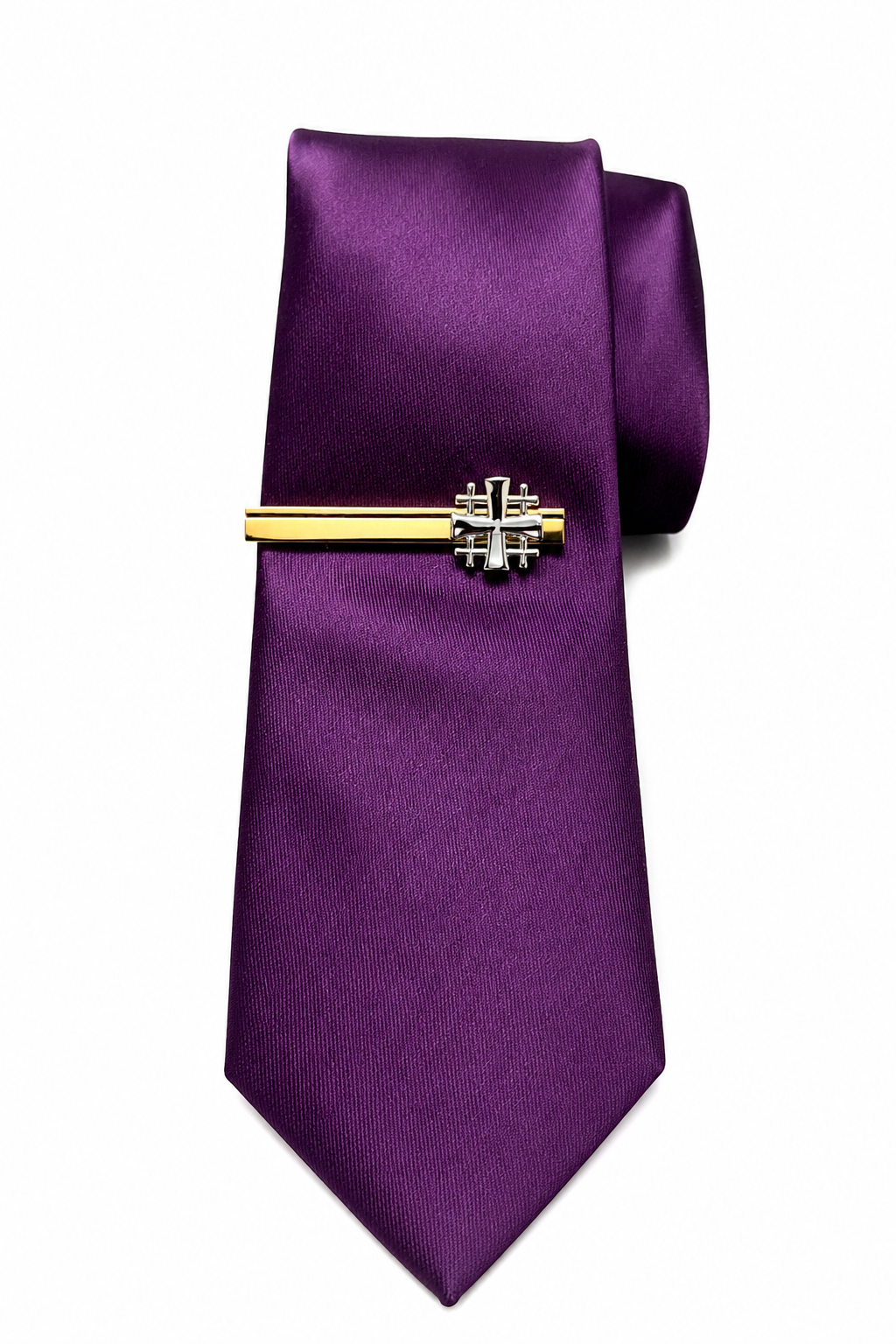 Purple tie with a gold and silver tie clip on a white background Gold and Silver Jerusalem Cross Christian Tie Clip for Men Religious Faith Accessory