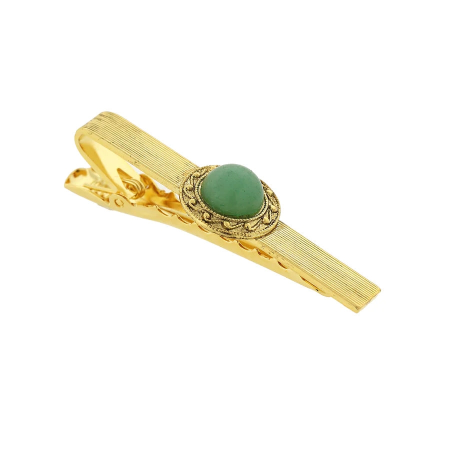 Men's Tie Clip Gold Jade Jewelry Vintage Style Gemstone Tie Bar Clip