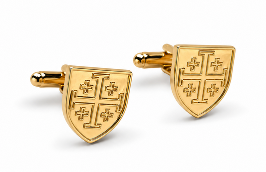 Gold Jerusalem cross cufflinks shield design men’s formal cuff links on white background