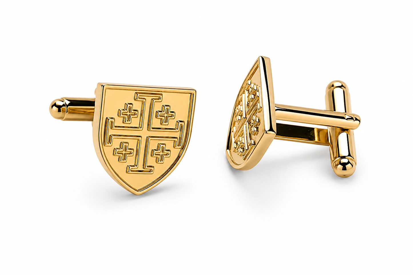 Gold Jerusalem cross cufflinks shield design men’s formal cuff links on white background