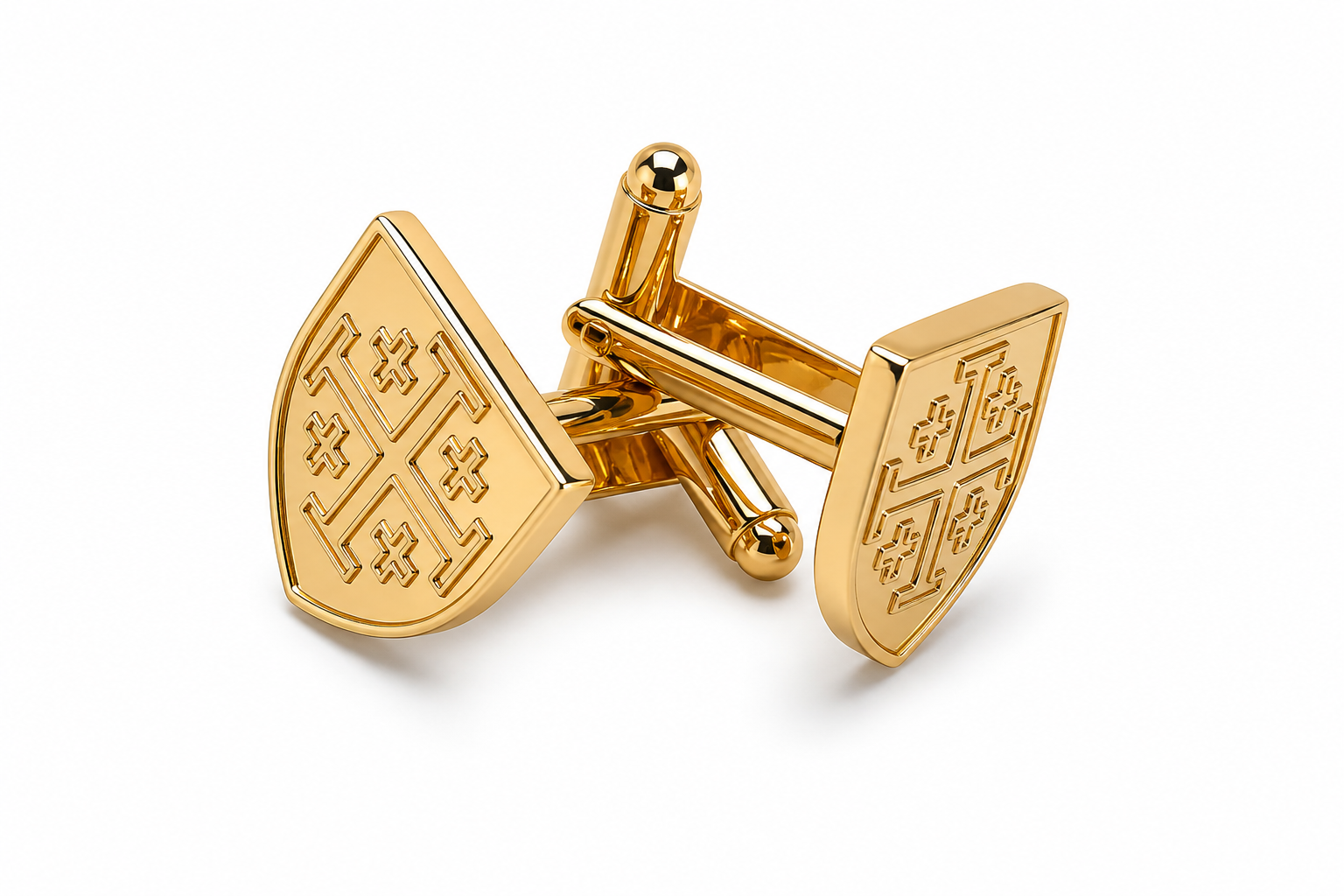 Gold Jerusalem cross cufflinks shield design men’s formal cuff links on white background