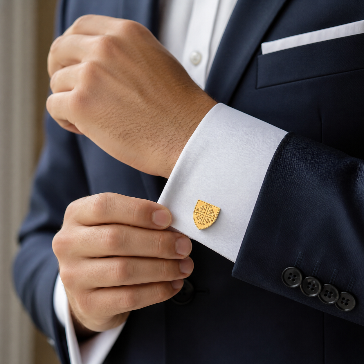 Gold Jerusalem cross cufflinks shield design men’s formal cuff links on white background