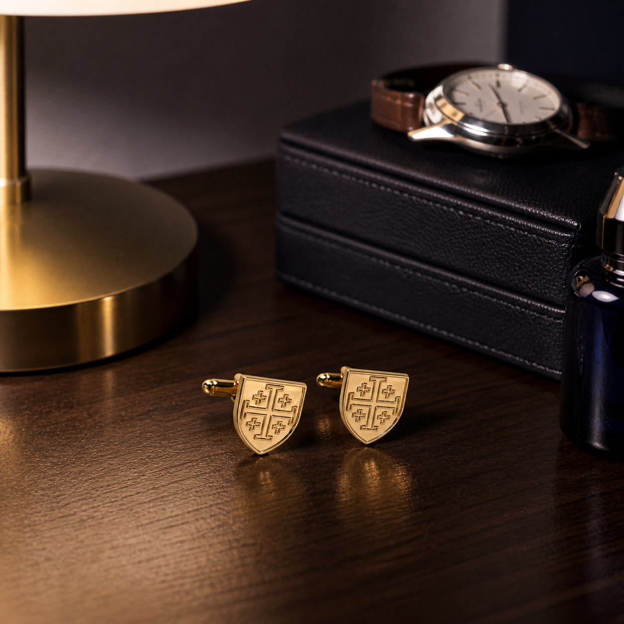 Gold Jerusalem cross cufflinks shield design men’s formal cuff links on white background