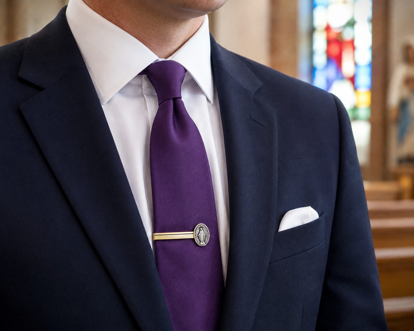 A close-up of a man wearing a dark navy suit jacket, white dress shirt, and a purple tie secured with a gold and silver tie bar. A white pocket square is tucked into his suit jacket.