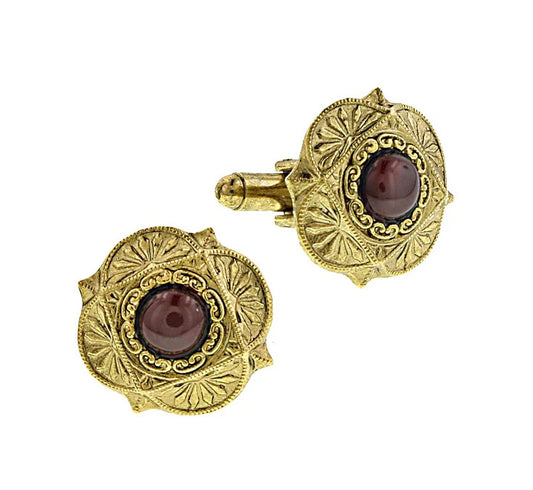 Men's Cufflinks Gold Red Stone Art Deco Style Semi Precious Cufflinks