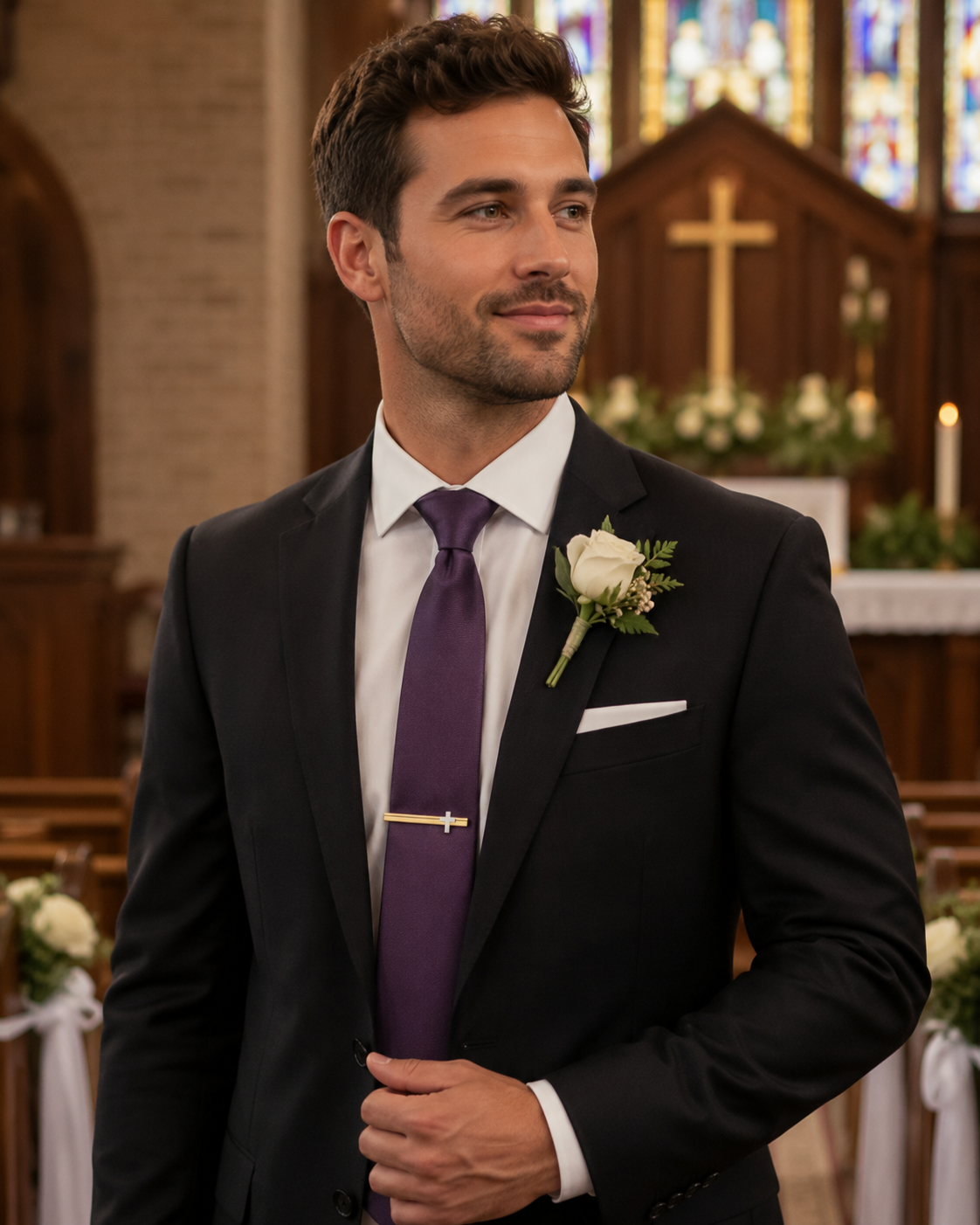 Man in a black suit with a purple tie and white flower boutonniere standing in a church.