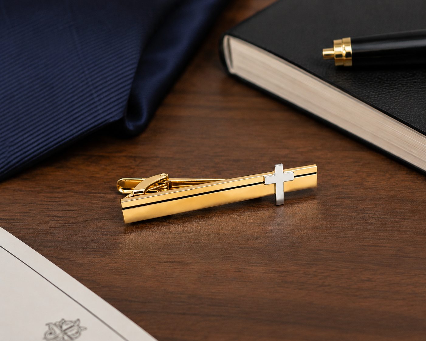 Gold tie clip on a wooden surface with a book and pen in the background