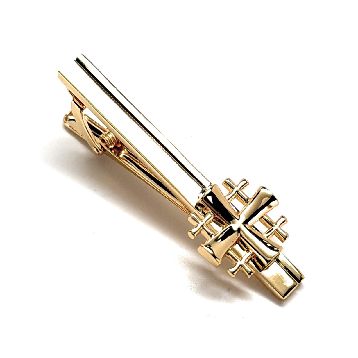 Gold Christian cross tie bar with spring clasp religious accessory