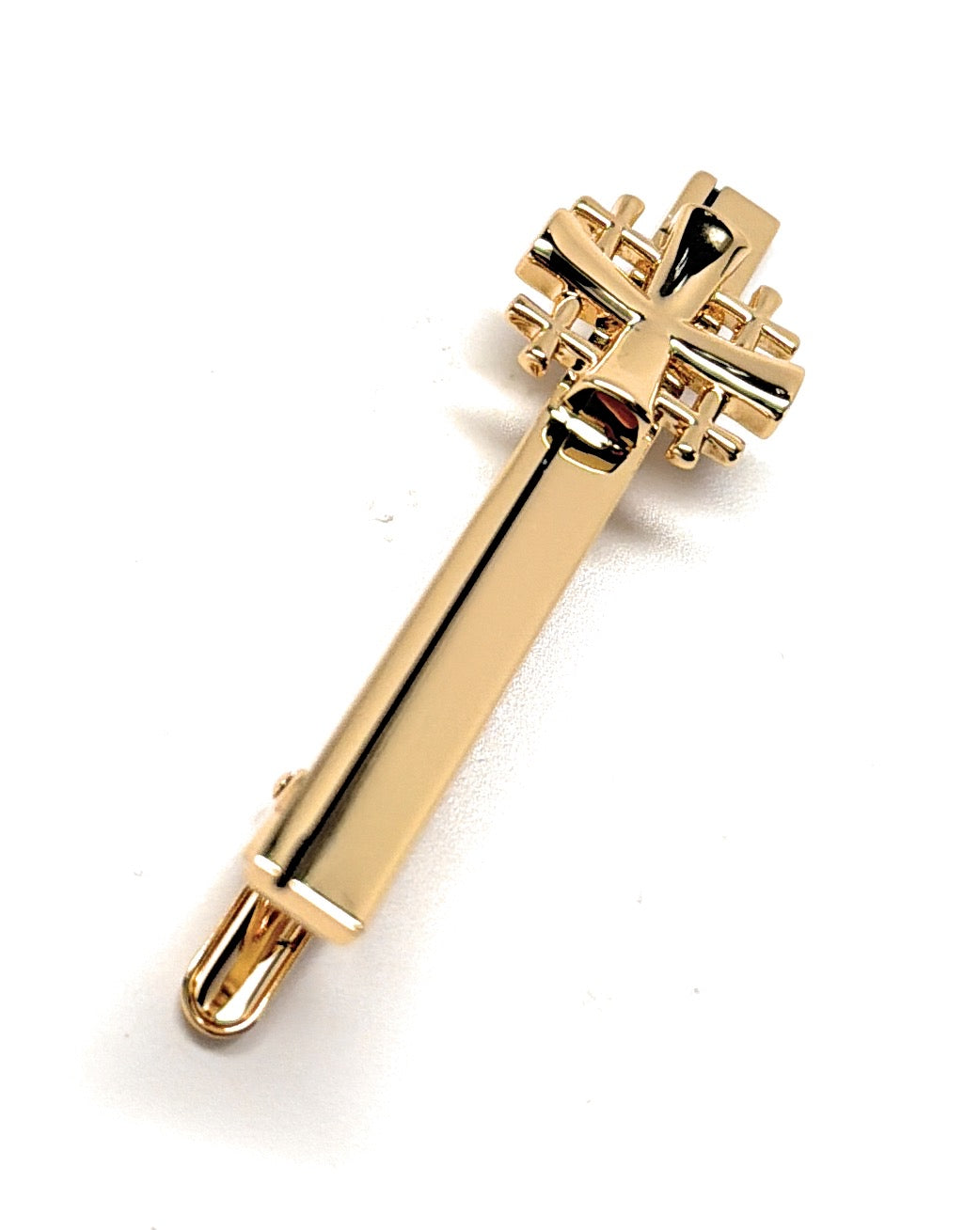 Gold Christian cross tie bar with spring clasp religious accessory