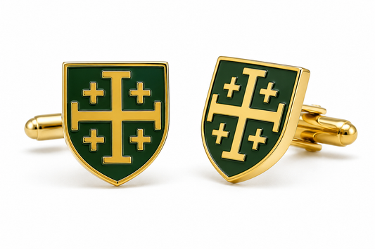 Green and gold enamel Jerusalem Cross shield cufflinks for men