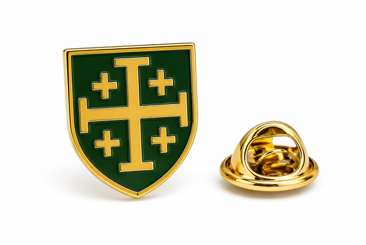 Green and gold enamel Jerusalem Cross shield lapel pin with gold-tone backing