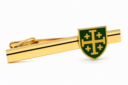 Green and gold enamel Jerusalem Cross shield tie clip for men