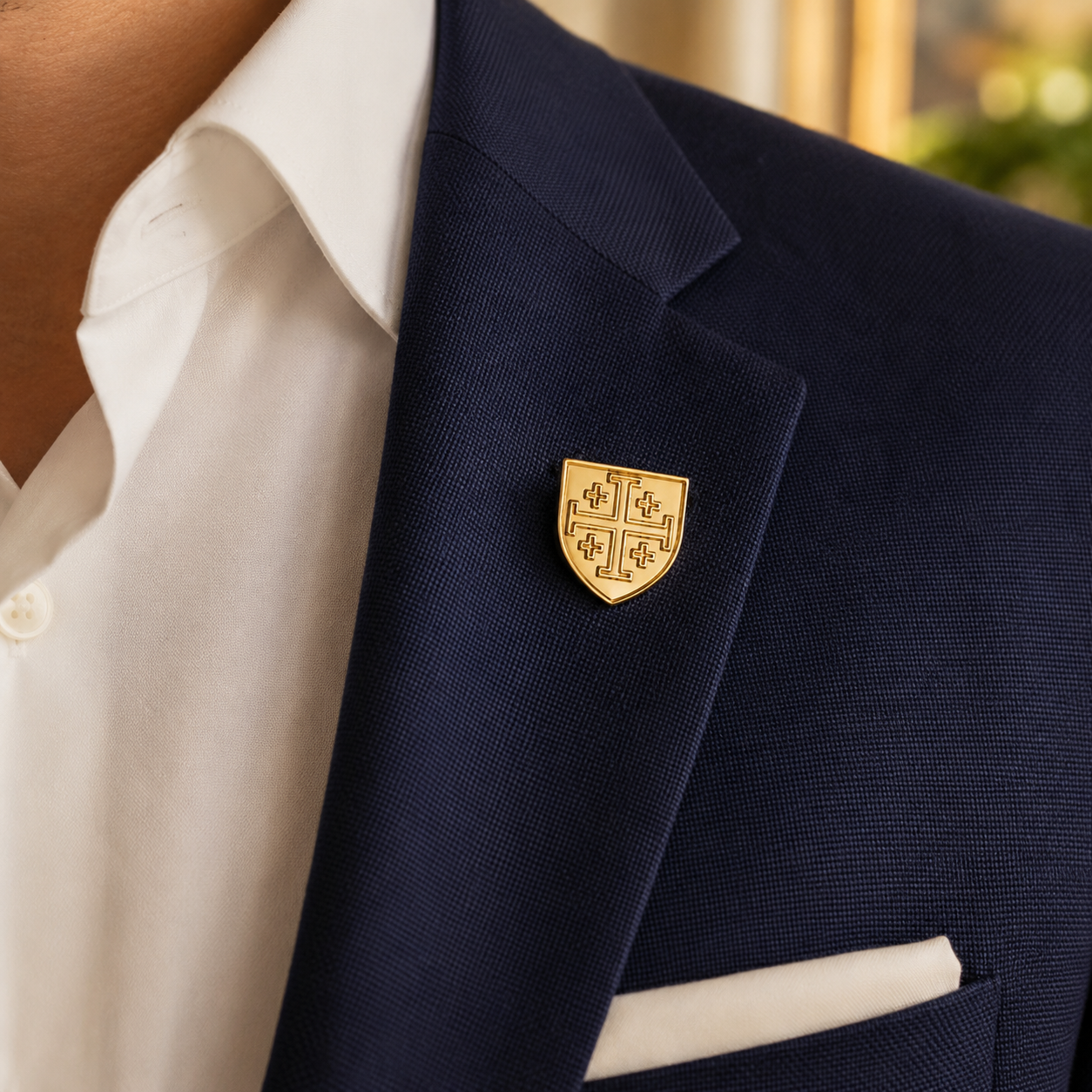 Close up gold Jerusalem cross lapel pin detailed Christian shield emblem polished finish
