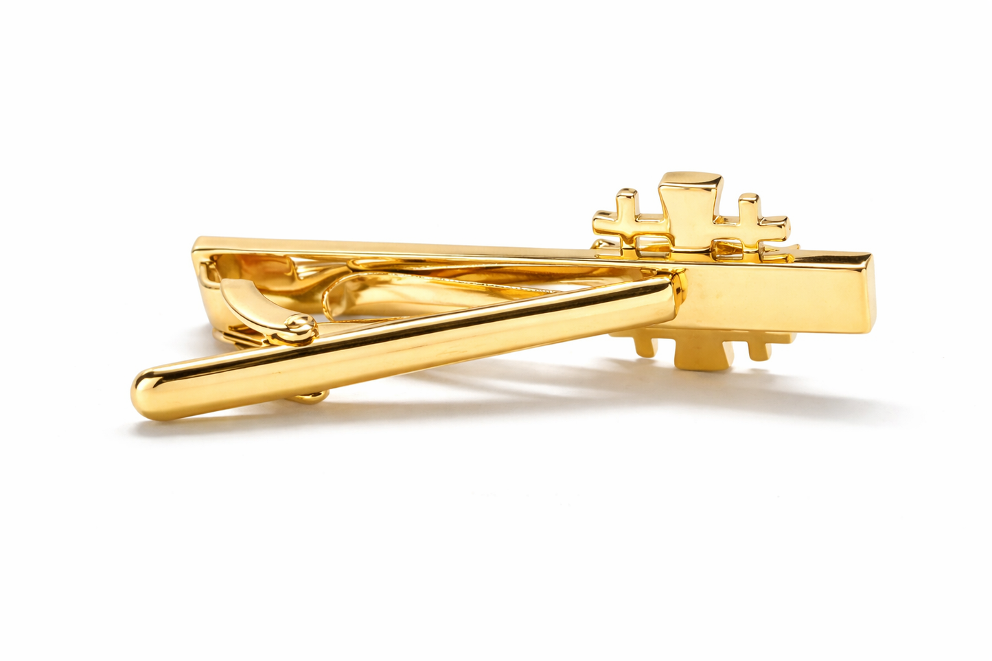 Gold Jerusalem Cross tie clip on a white background showing backside of tie clip