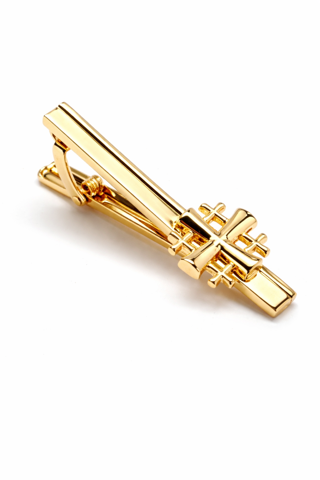 Gold Jerusalem Cross tie clip cross view on a white background