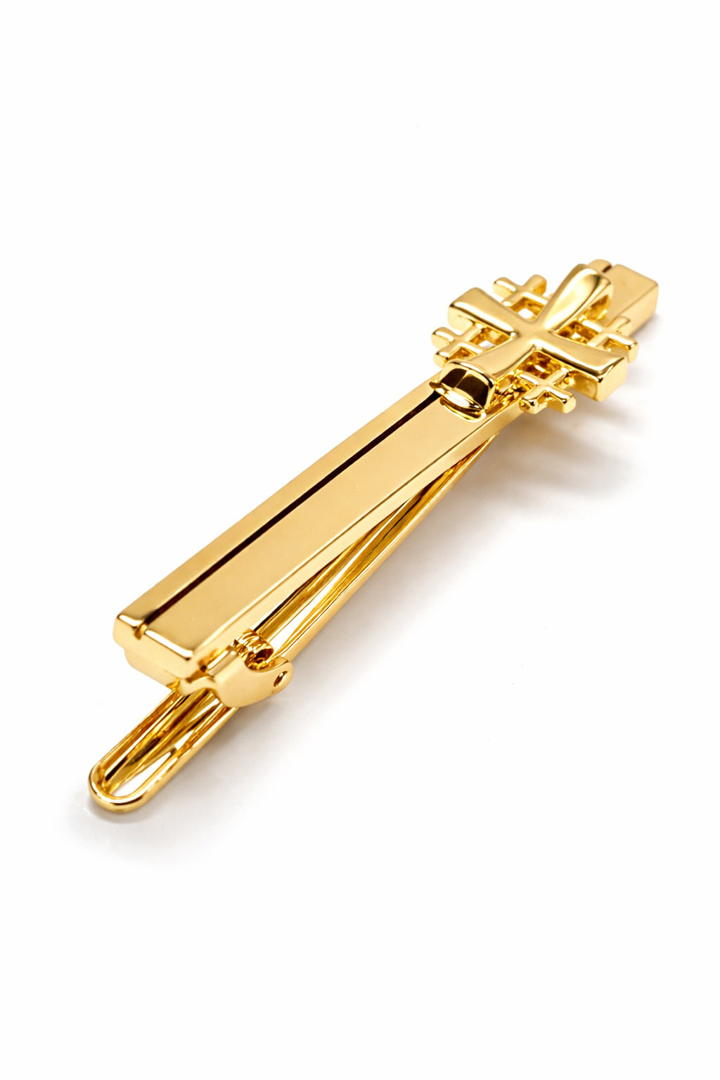 Gold Jerusalem Cross tie clip  on a white background down view looking 