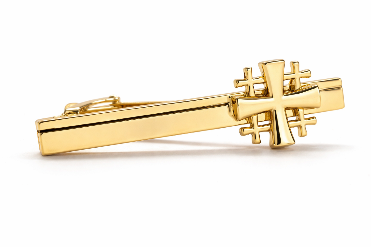 Gold Jerusalem Cross tie clip front view design on a white background