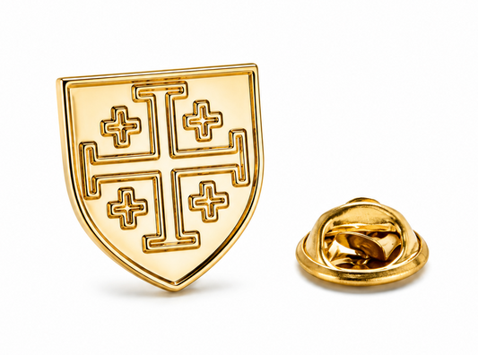 Gold Jerusalem cross lapel pin with shield design on white background Christian men’s accessory
