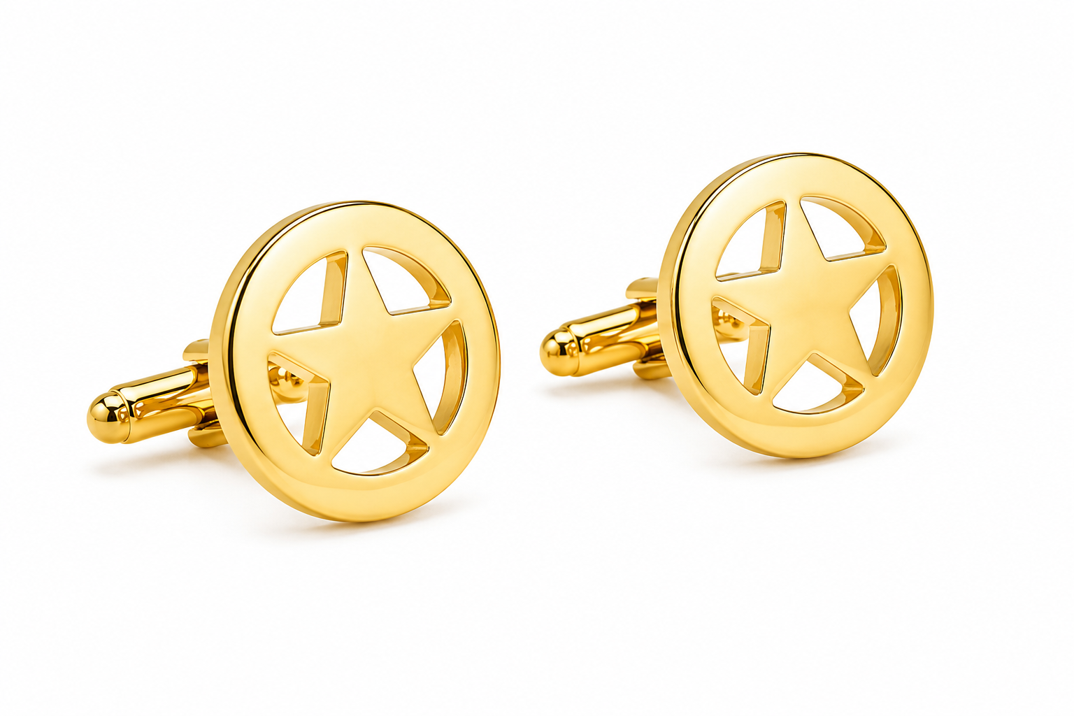 Gold star-shaped cufflinks on a white background