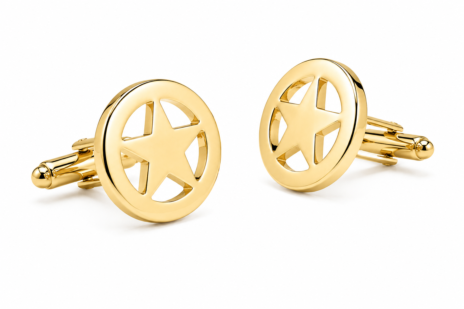 Gold star-shaped cufflinks on a white background