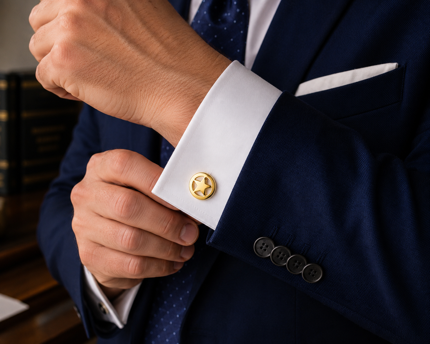 Close-up of a person adjusting a cufflink on a suit with a blurred background