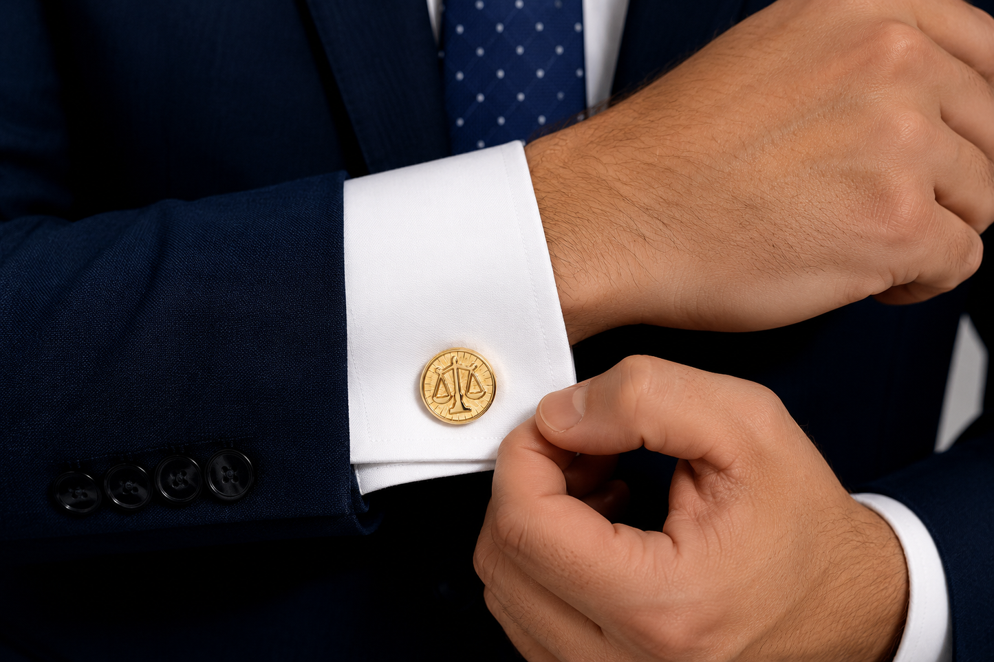 Close-up of a person adjusting gold cufflinks on a navy suit with white dress shirt. Gold Scales of Justice cufflinks for lawyers attorneys judges and legal professionals with polished gold finish